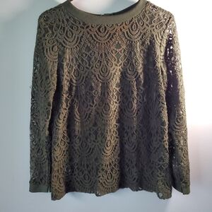 Banana Republic Olive Lace Long Sleeve Top With Back Button Detail Medium Tall